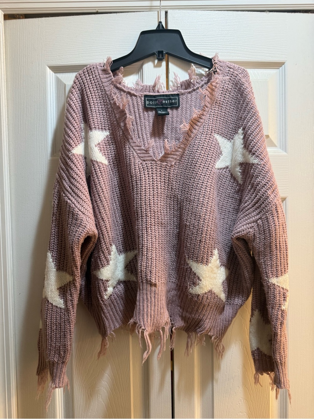 Crop Top Polly & Esther Mauve Star Distressed V-Neck Sweater size L